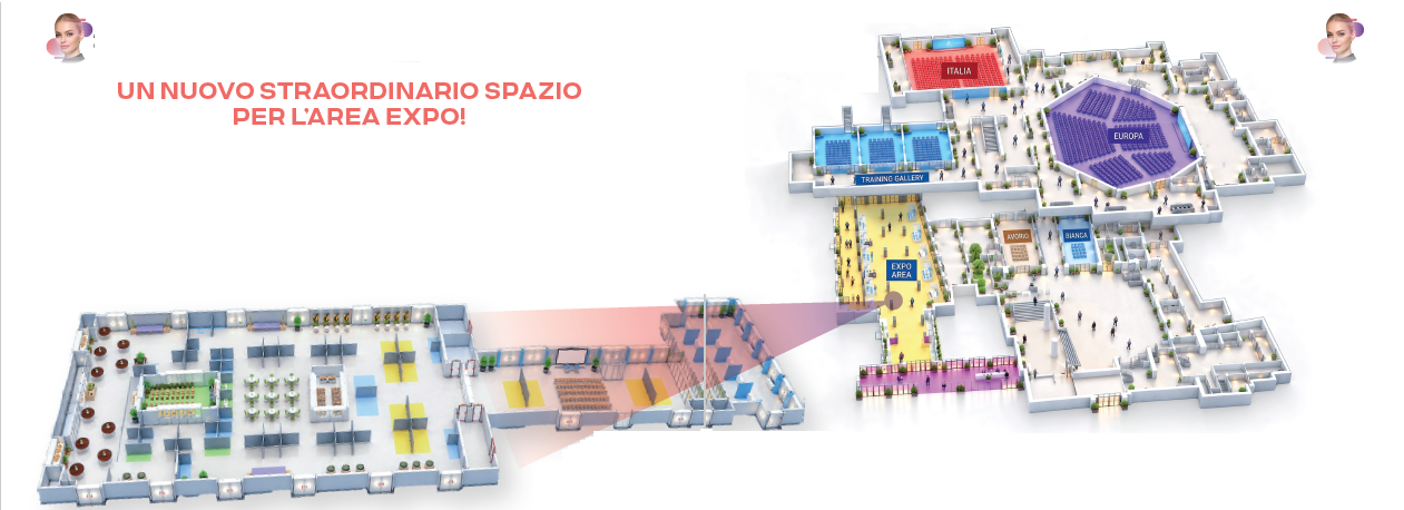 Vista 3D del progetto SIES 2027: nuova area espositiva a sinistra e Palazzo dei Congressi a destra